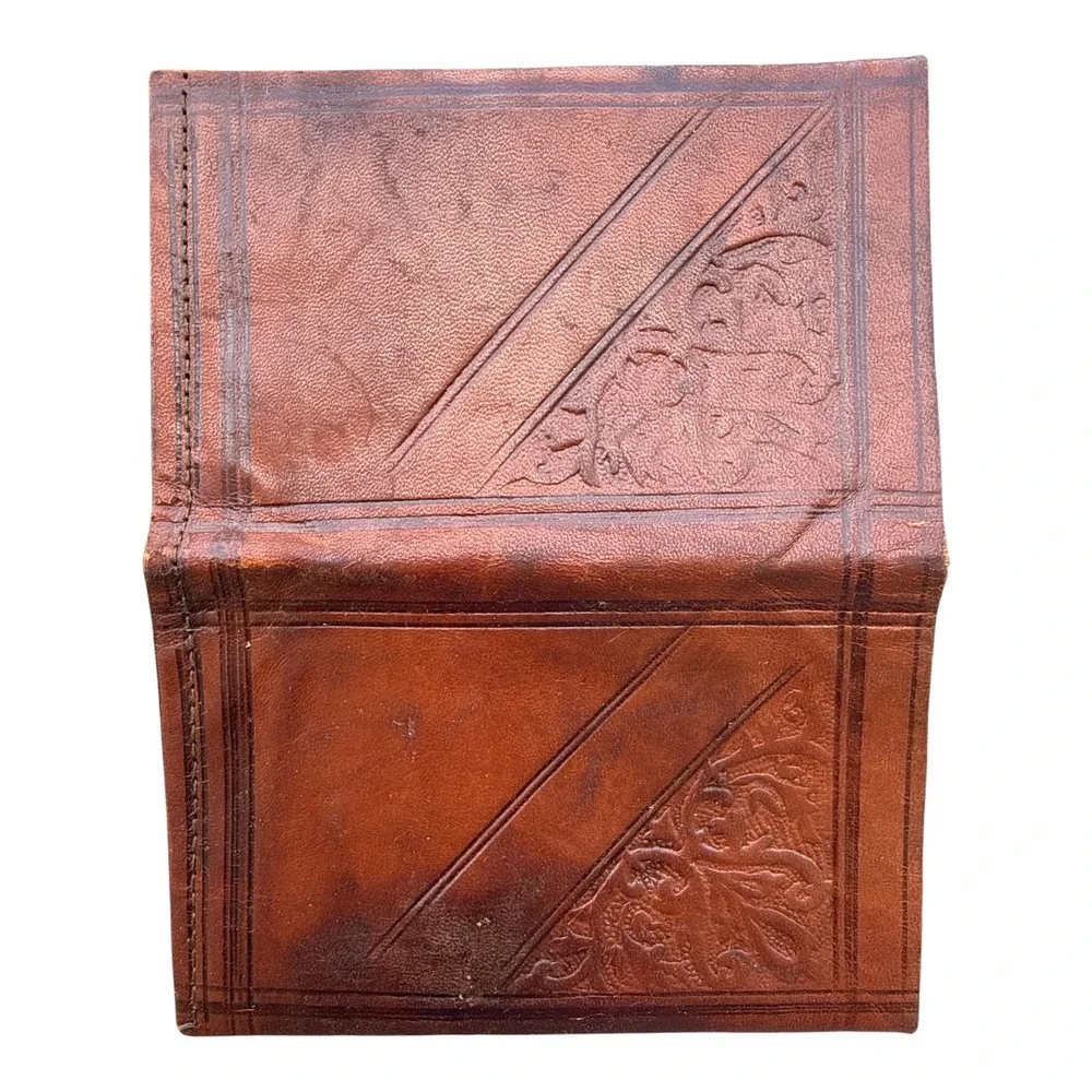 Vintage Tooled Leather Bifold Wallet Brown Boho Western Artisan Handmade